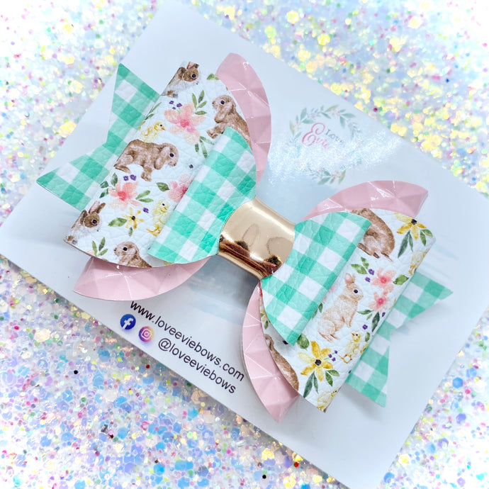 Floral Rabbits White/Check Double Bow